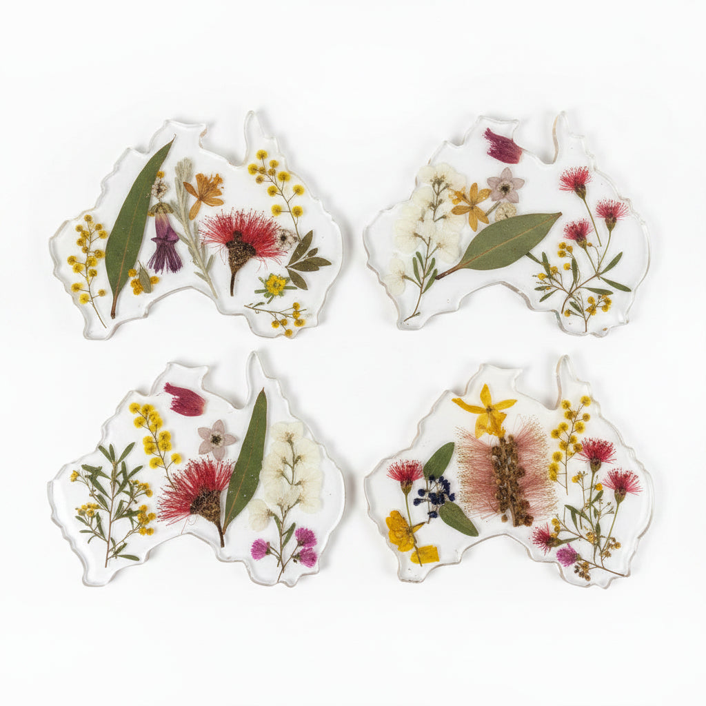 AUSTRALIA MAP COASTERS - with Australian Native Flowers - Set of 4