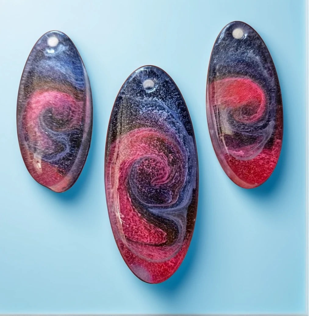 Oval Shaped Resin Cabachon Earrings and Pendant - Blue and Fuschia