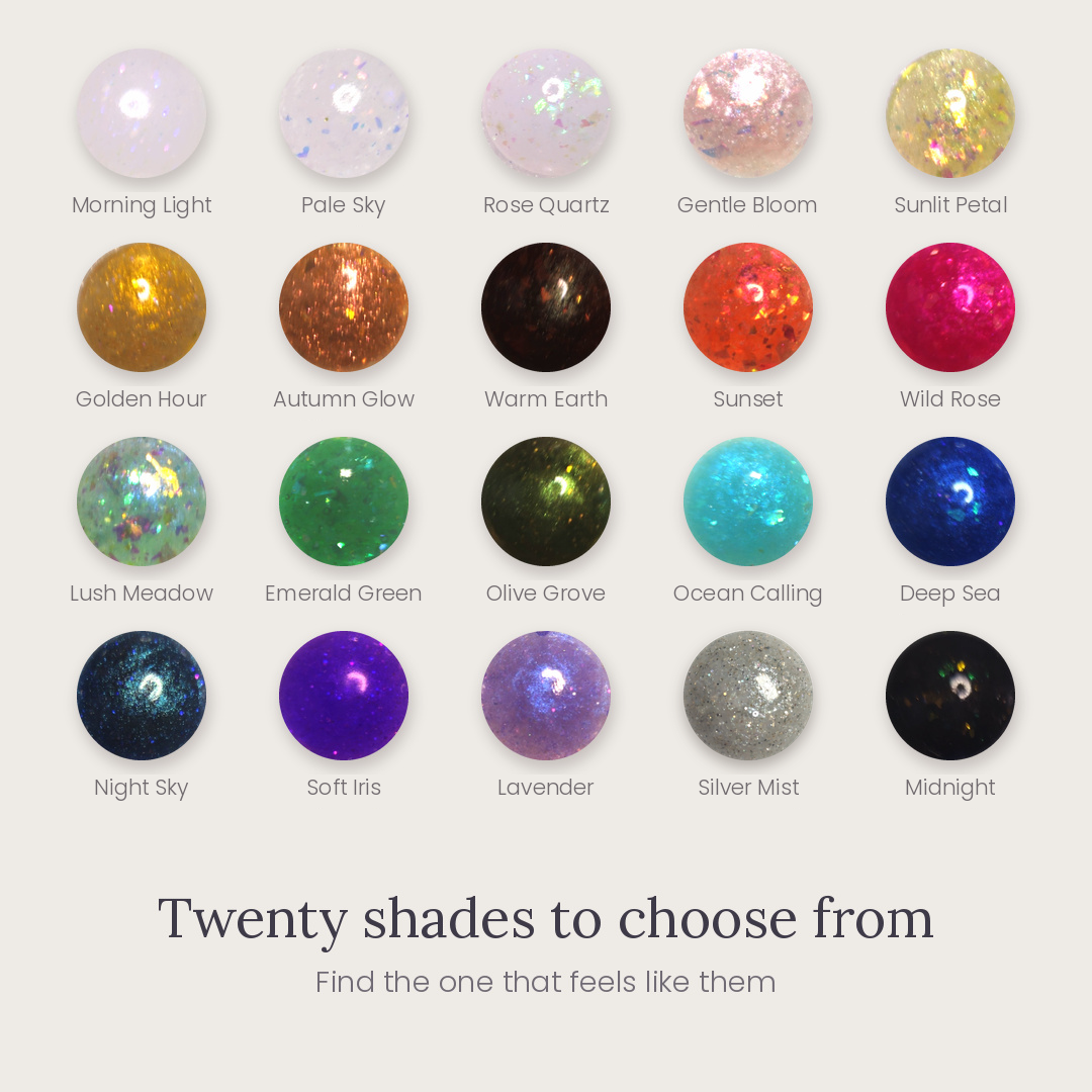 Forever Yours jewellery colour collection showing 25 memorial resin colours, from White Shimmer to Black Opal