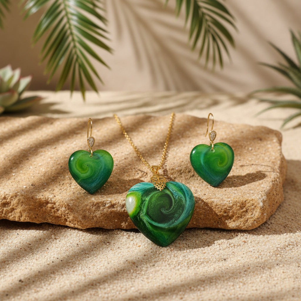 LAGOON LIGHT Heart Shaped Cabachon Pendant & Earring Set
