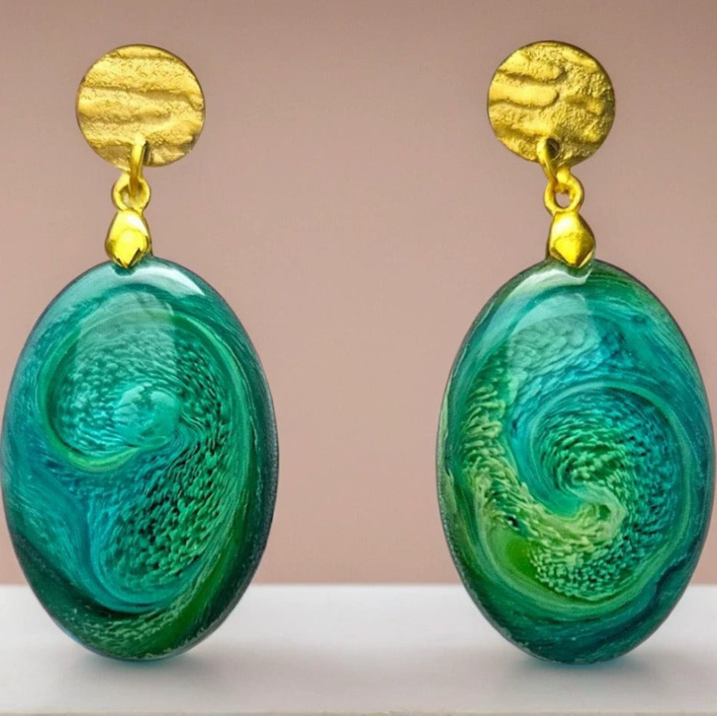 Oval Resin Petrie Cabachon Earrings - LAGOON