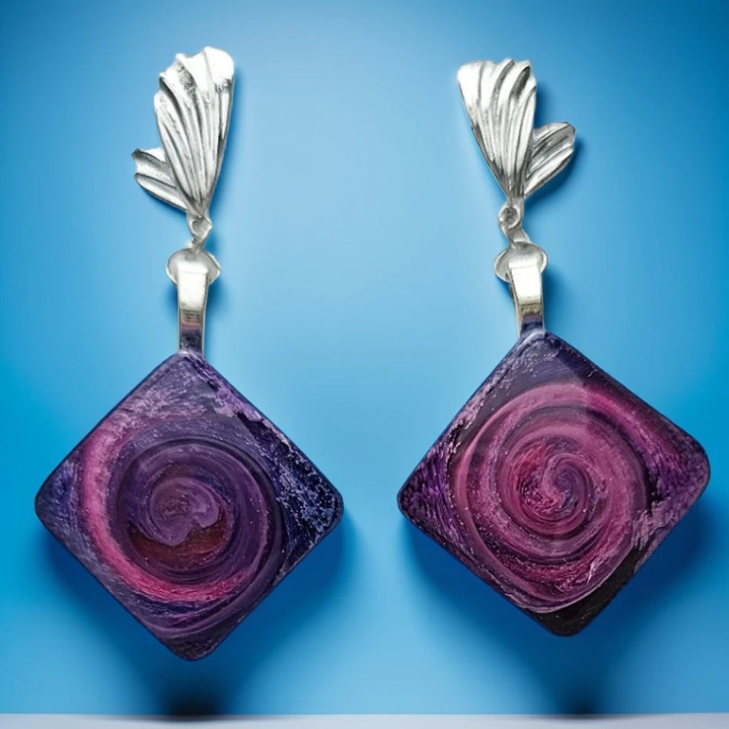 Offset Square Resin Petrie Cabachon Earrings - Purple and Pink