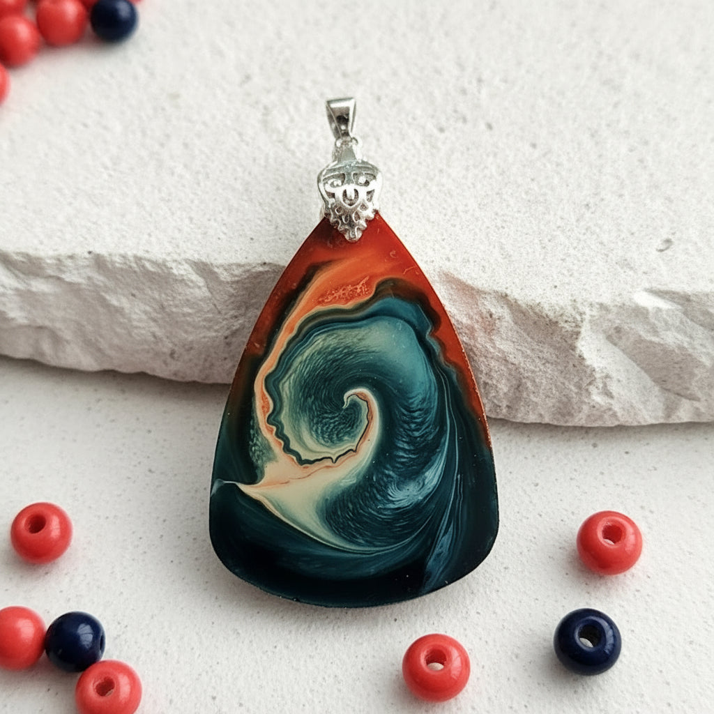 CORAL DRIFT Teardop Cabachon Pendant an Earrings Set