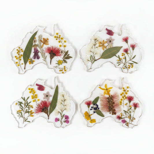 AUSTRALIA MAP COASTERS - with Australian Native Flowers - Set of 4