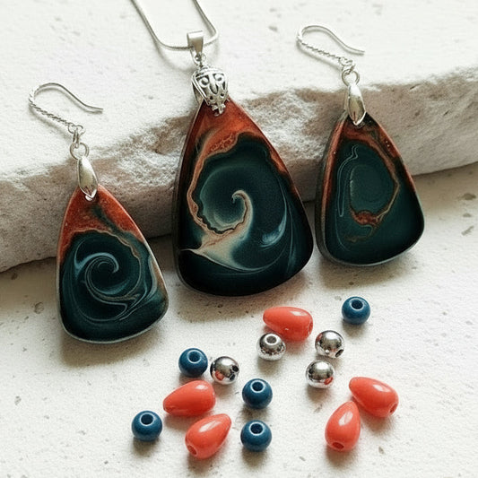 CORAL DRIFT Teardop Cabachon Pendant an Earrings Set