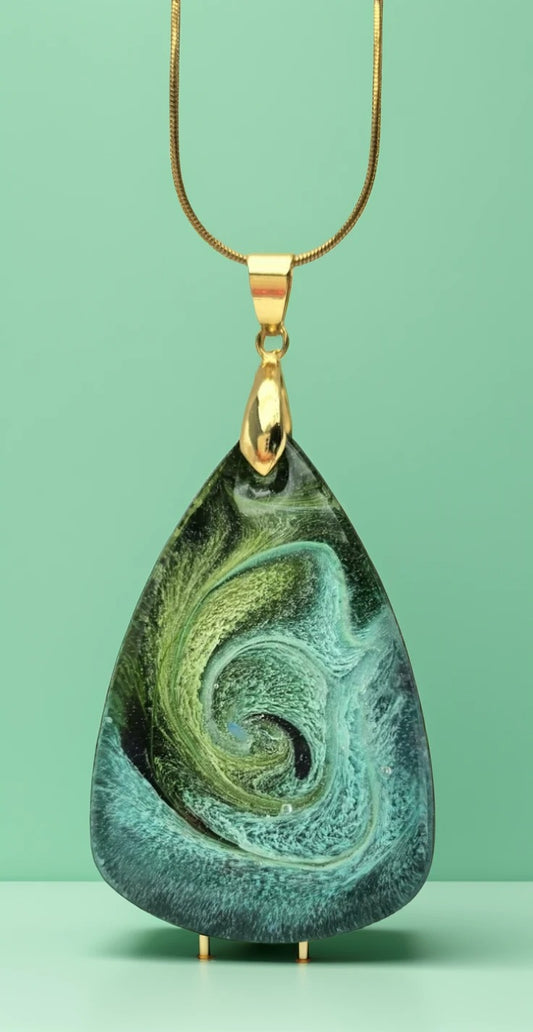 Teardrop Resin Petrie Cabachon Pendant - Cerulian and Green Yellow