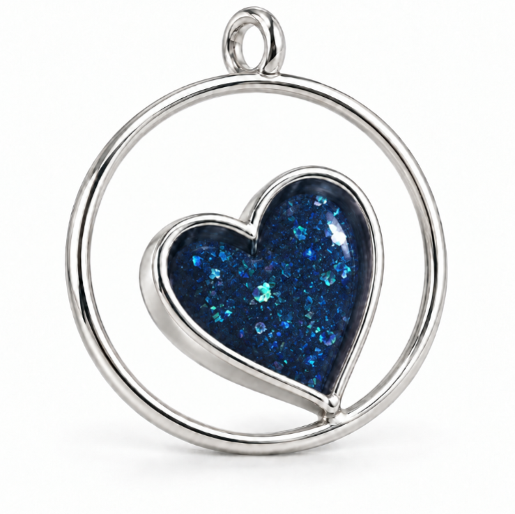 Circle of Love silver pendant with a blue memorial resin heart inside a circle