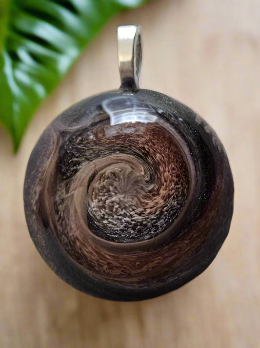 Round Cat's Eye Petrie Cabachon Pendant - Brown and Orange