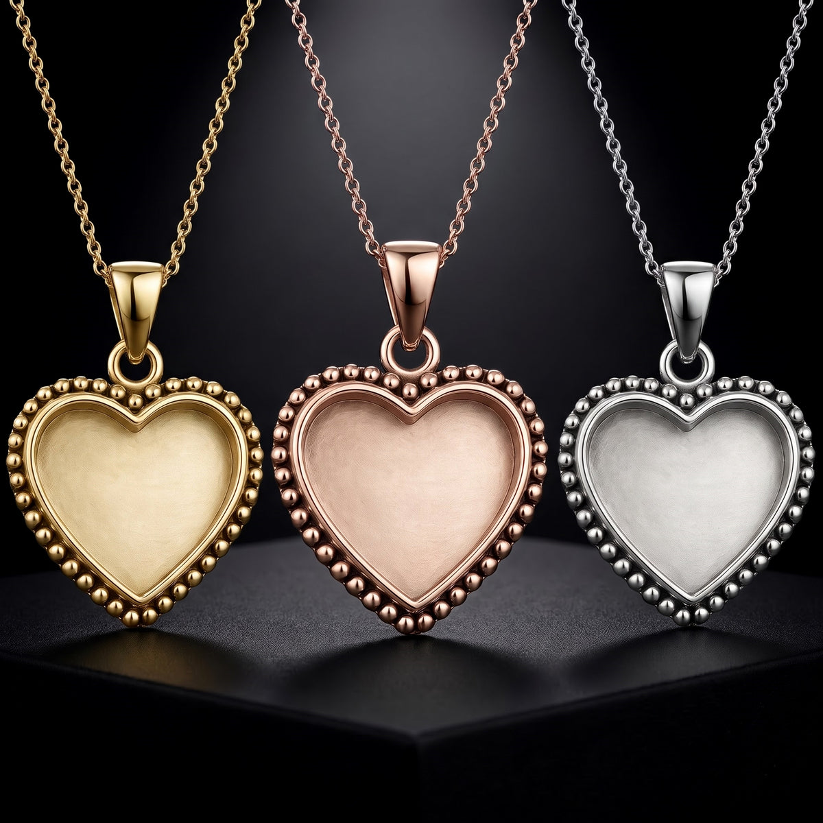 Beaded Heart Pendant settings in gold, rose gold and silver, shown before colour is added