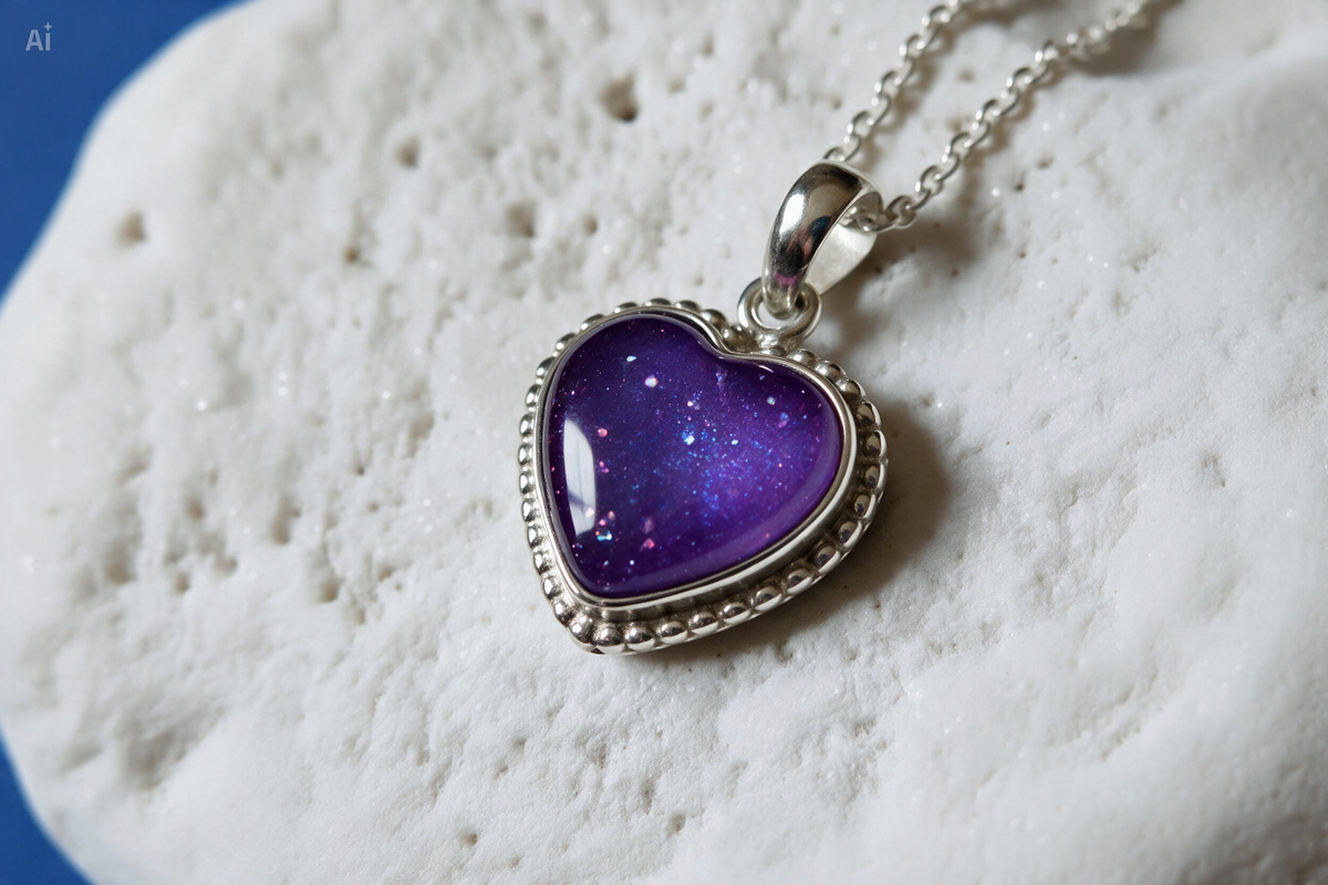 Silver Beaded Heart Pendant in Violet Moon memorial resin on white stone