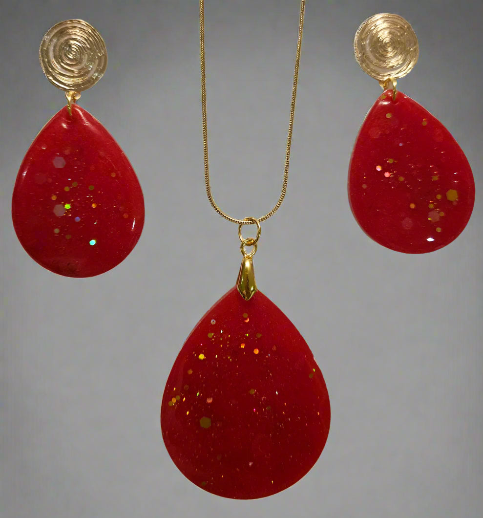 Teardrop Shape Pendant and Earring Set - LIPSTICK