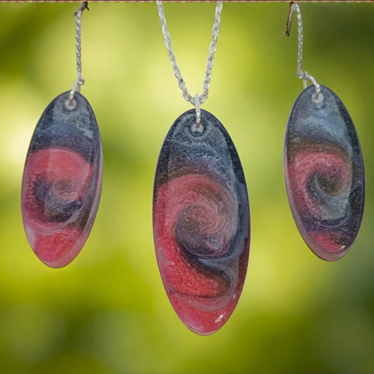 Oval Shaped Resin Cabachon Earrings and Pendant - Blue and Fuschia
