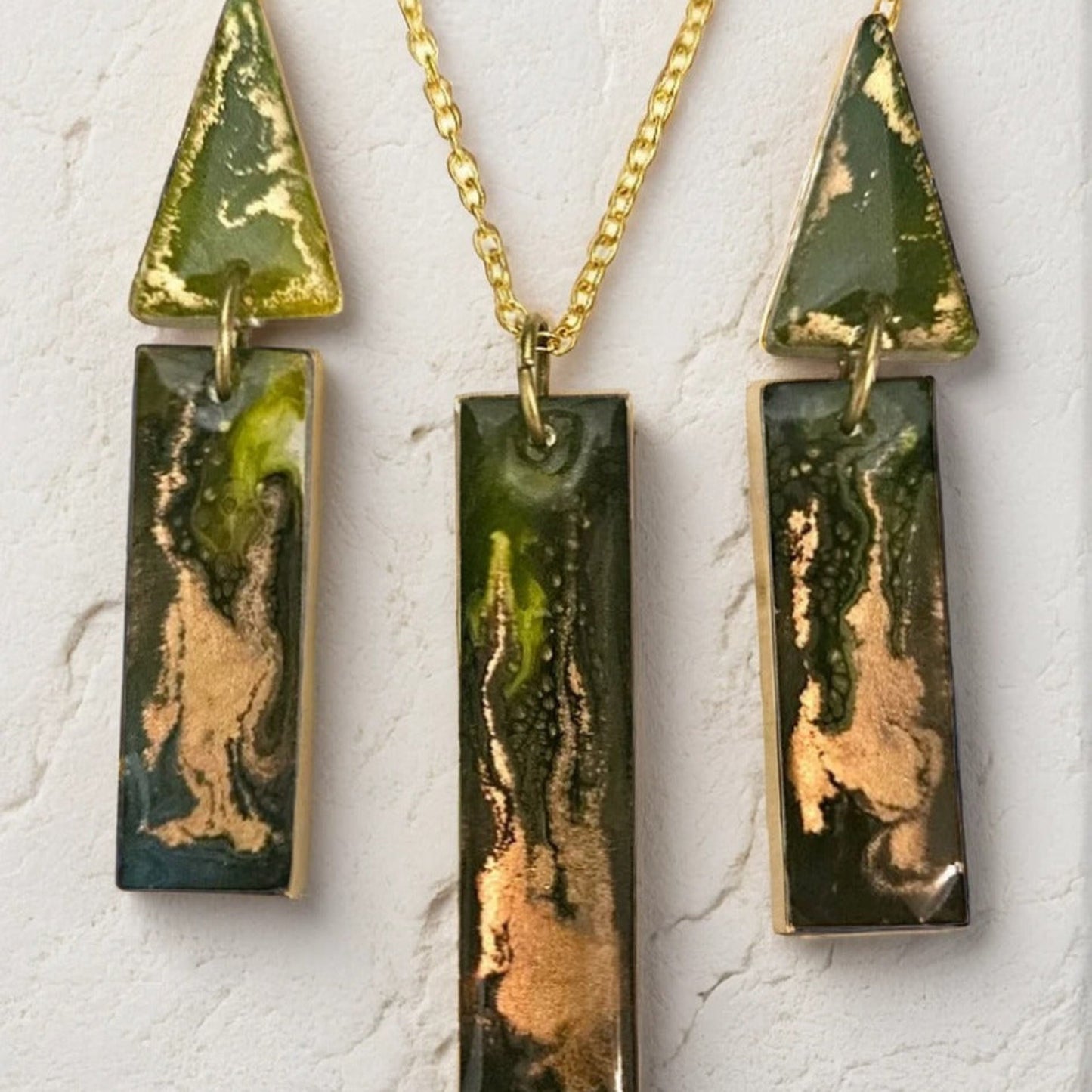 LONG RECTANGLE Pendant & Earring Set - OLIVE FIRE