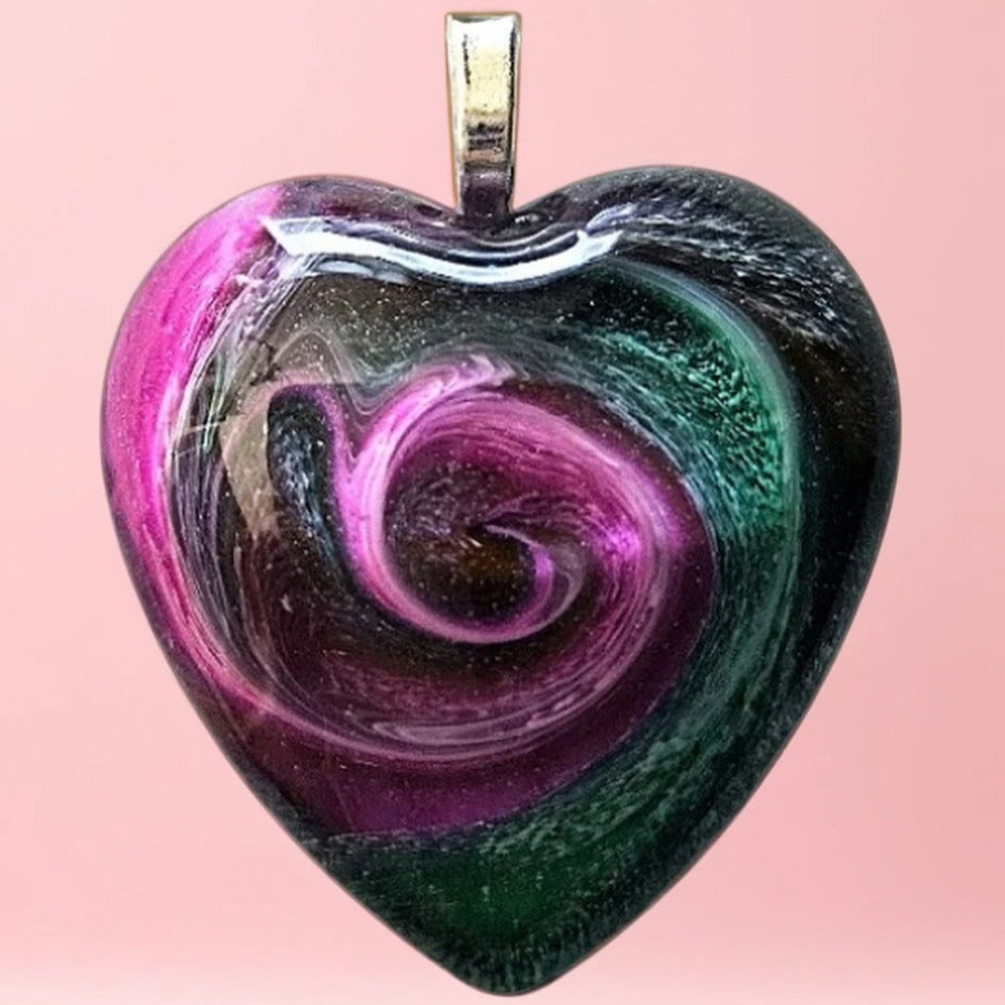 Heart Shaped Resin Cabachon Pendant - Fushcia and Green