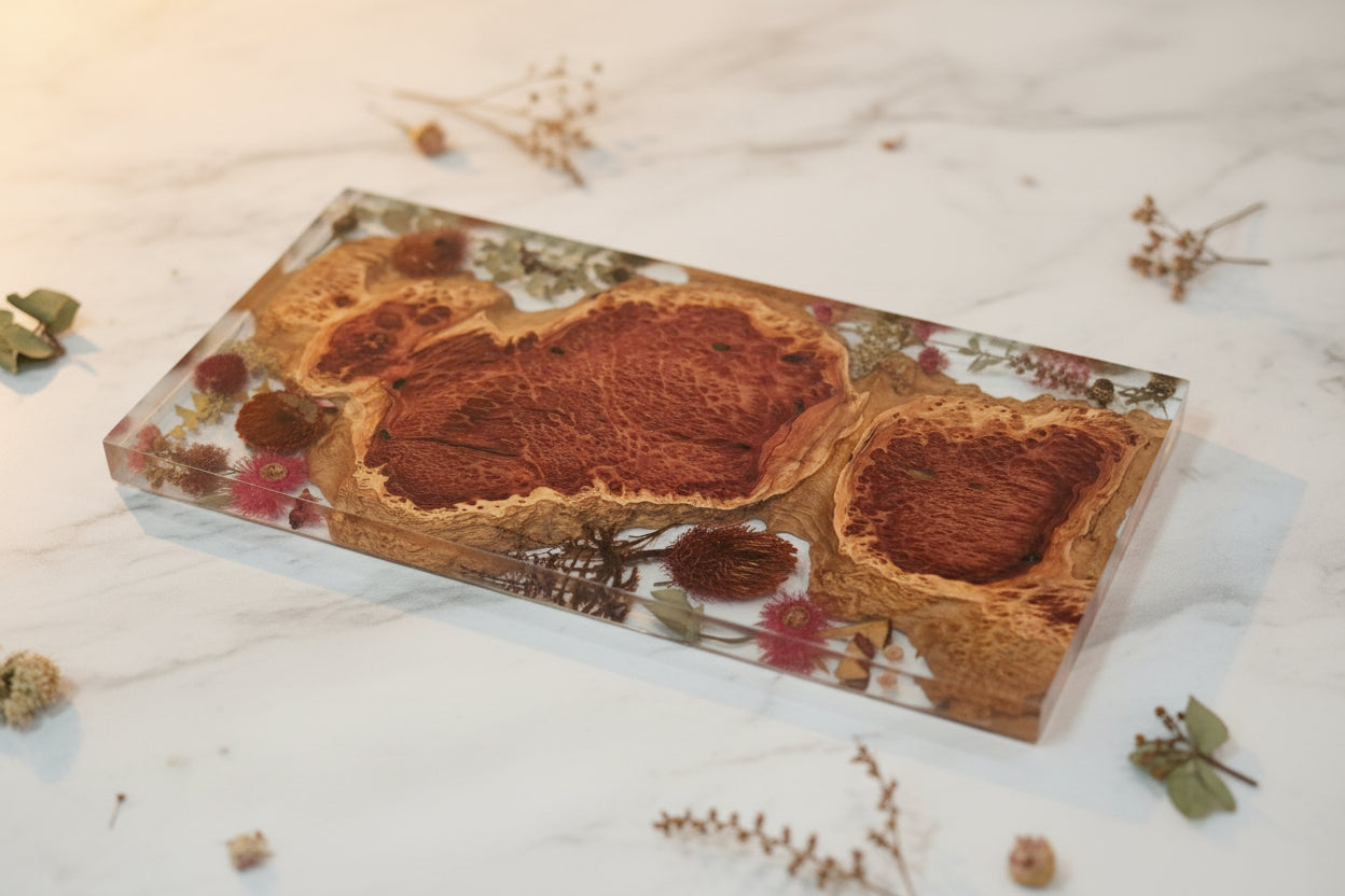 AUSTRALIAN RED MALLEE BURL with NATIVE FLOWERS - Charcuterie Board - 600mm x 300mm x 50mm