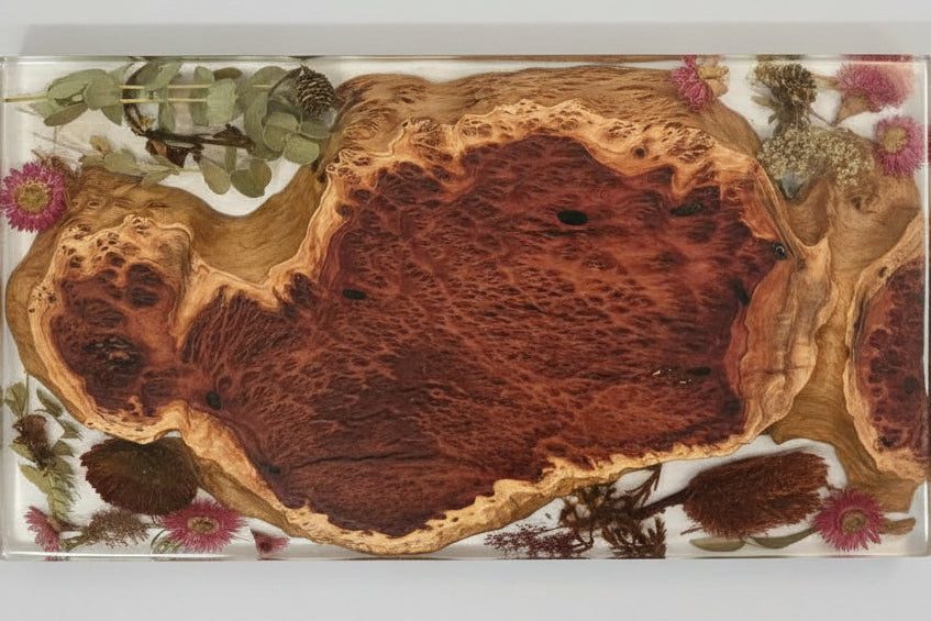 AUSTRALIAN RED MALLEE BURL with NATIVE FLOWERS - Charcuterie Board - 600mm x 300mm x 50mm