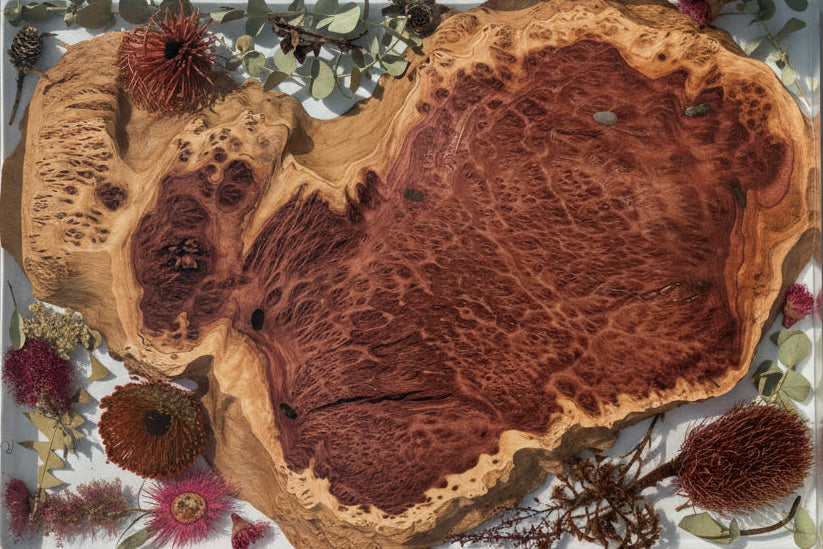 AUSTRALIAN RED MALLEE BURL with NATIVE FLOWERS - Charcuterie Board - 600mm x 300mm x 50mm