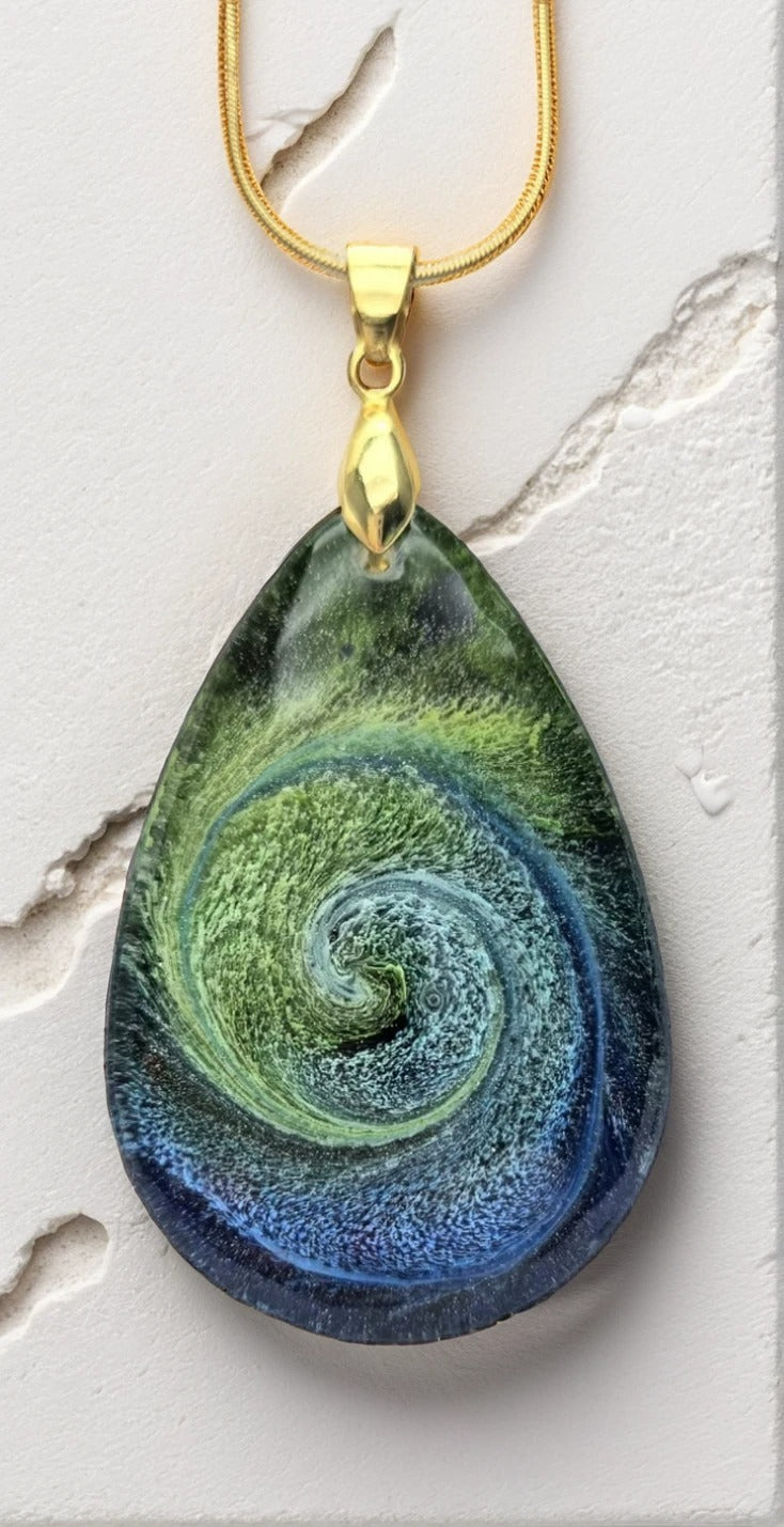 Teardrop Resin Petrie Cabachon Pendant - Navy and Yellow Green