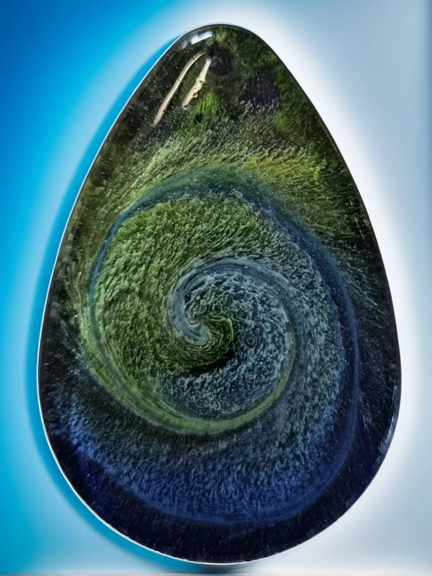 Teardrop Resin Petrie Cabachon Pendant - Navy and Yellow Green