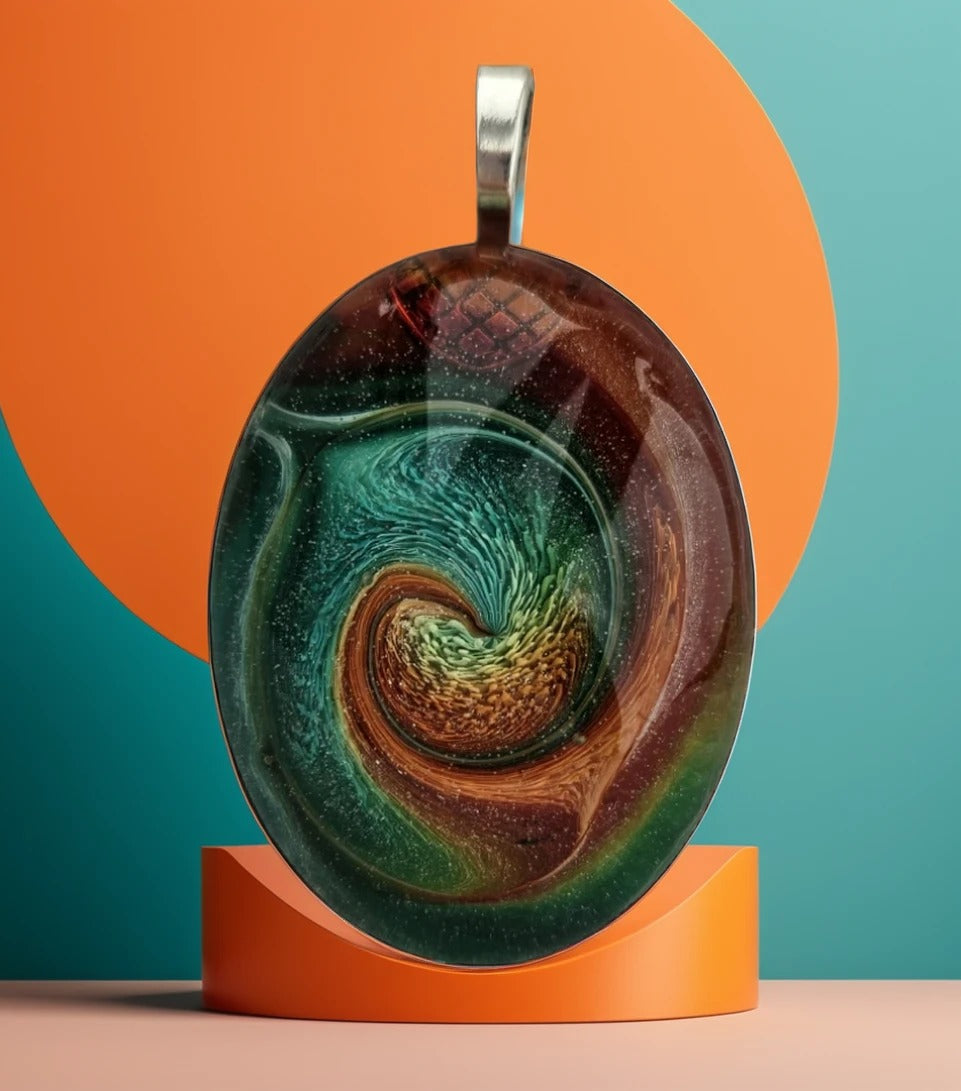 Oval Resin Petri Cabachon Pendant -  Tangerine and Teal - Silver Chain