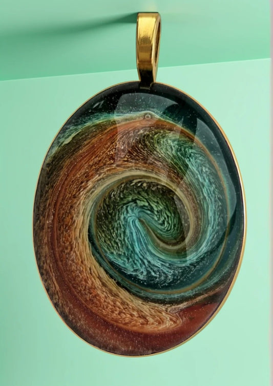 Oval Resin Petri Cabachon Pendant -  Tangerine and Teal