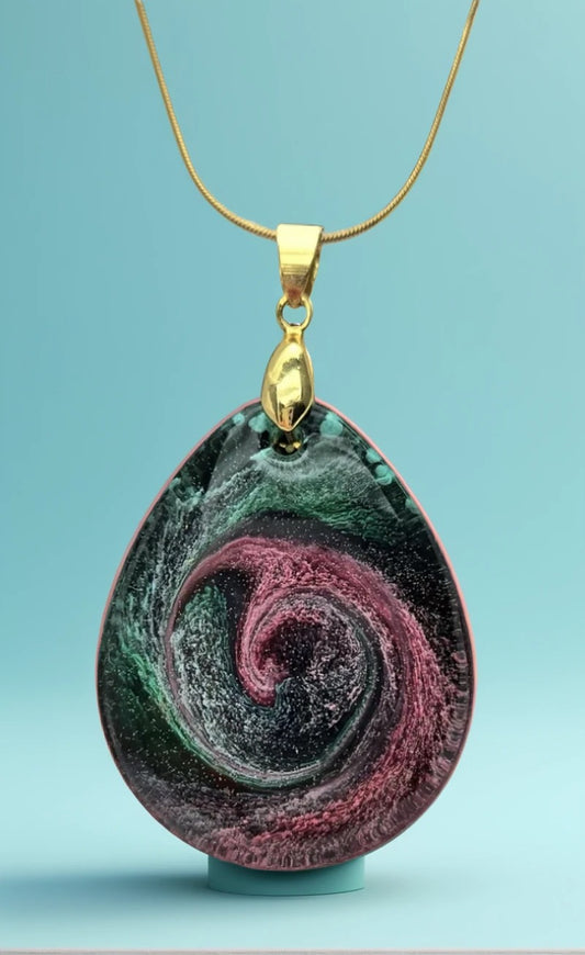 Teardrop Resin Cabachon Pendant - Plum and Emerald