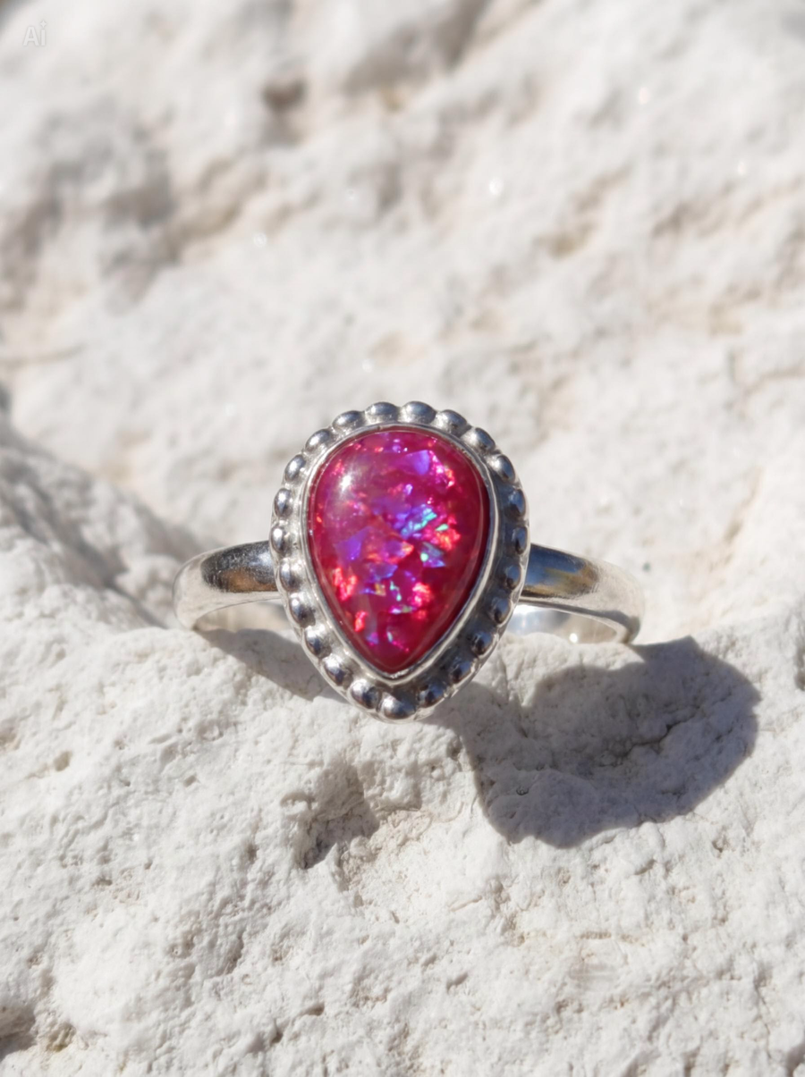 Silver Beaded Teardrop Ring in Cerise Moon memorial resin on white stone