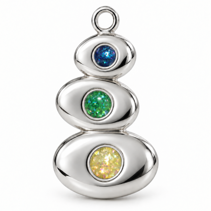 The Cairn silver pendant with three stacked stones set in blue, green and gold memorial resins