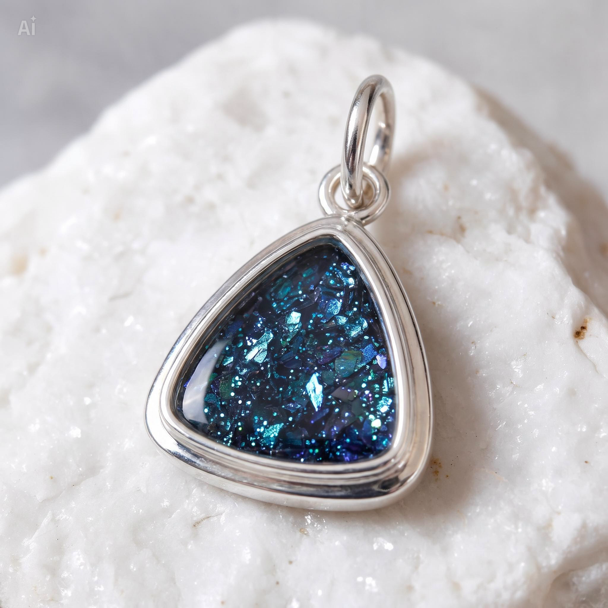 Silver Triangle Pendant in Nebulus Blue memorial resin with shimmering flakes