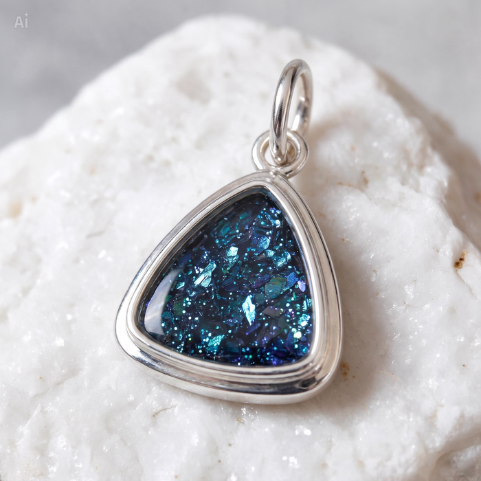 Silver Triangle Pendant in Nebulus Blue memorial resin with shimmering flakes