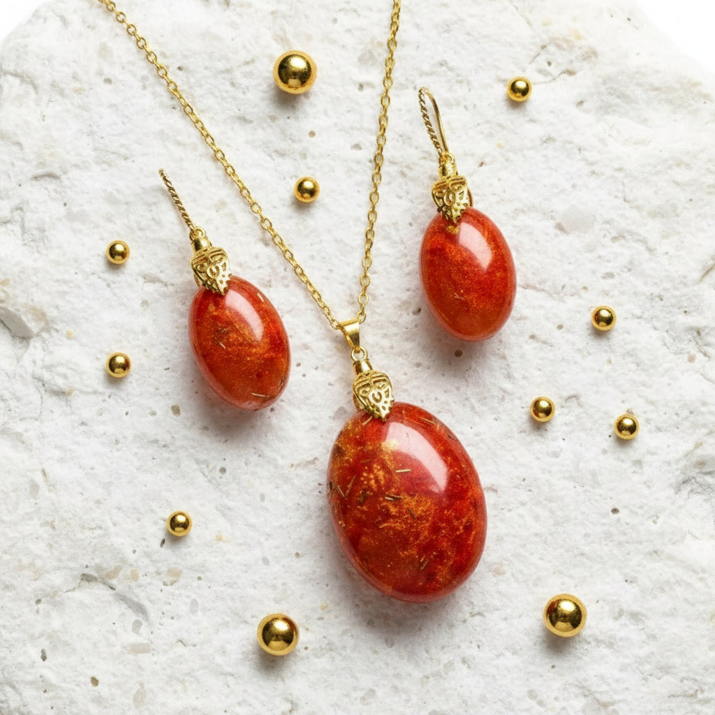 FESTIVE FIRE - Oval Cabachon Pendant and Earring Set