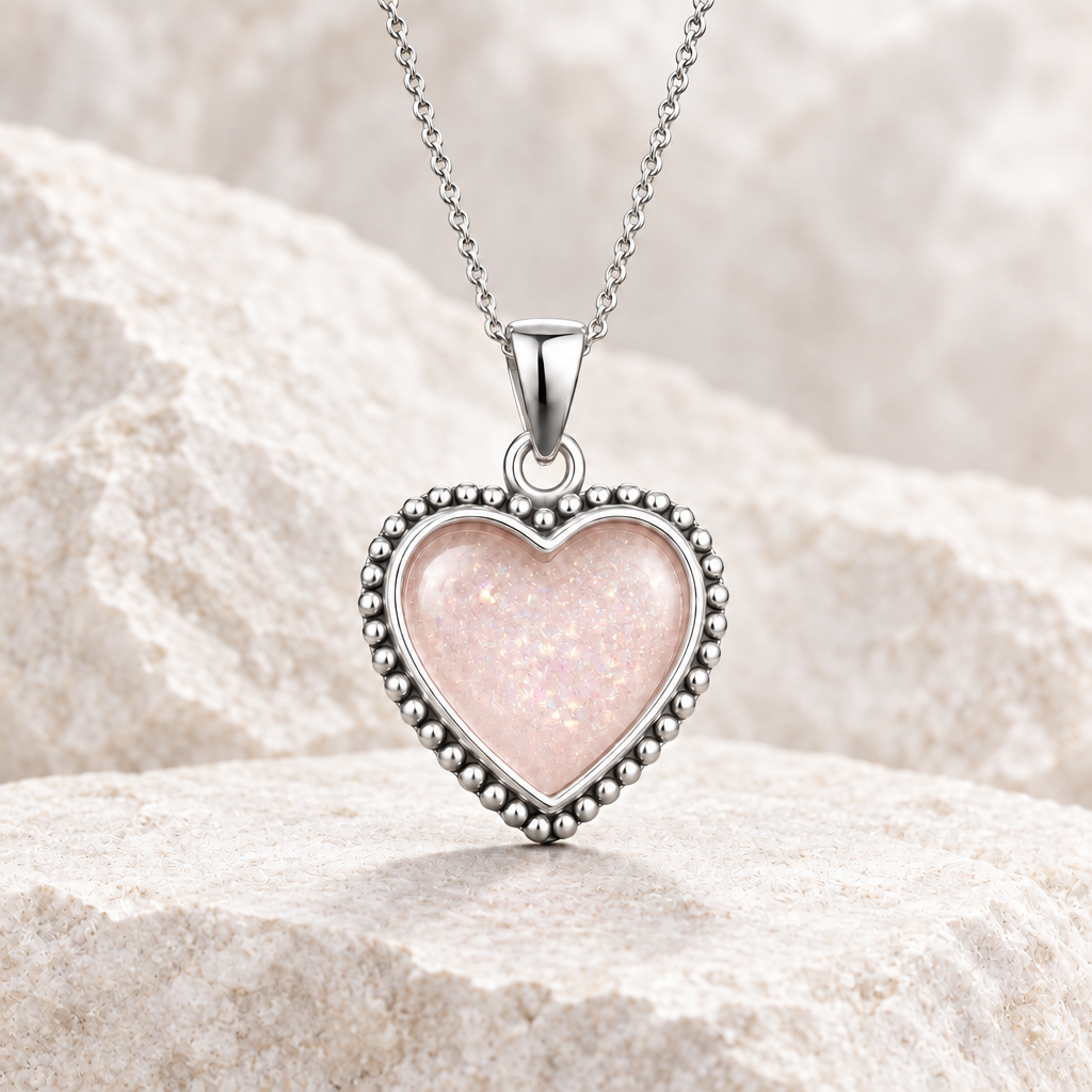 Blush Sparkle heart pendant with subtle opal flakes
