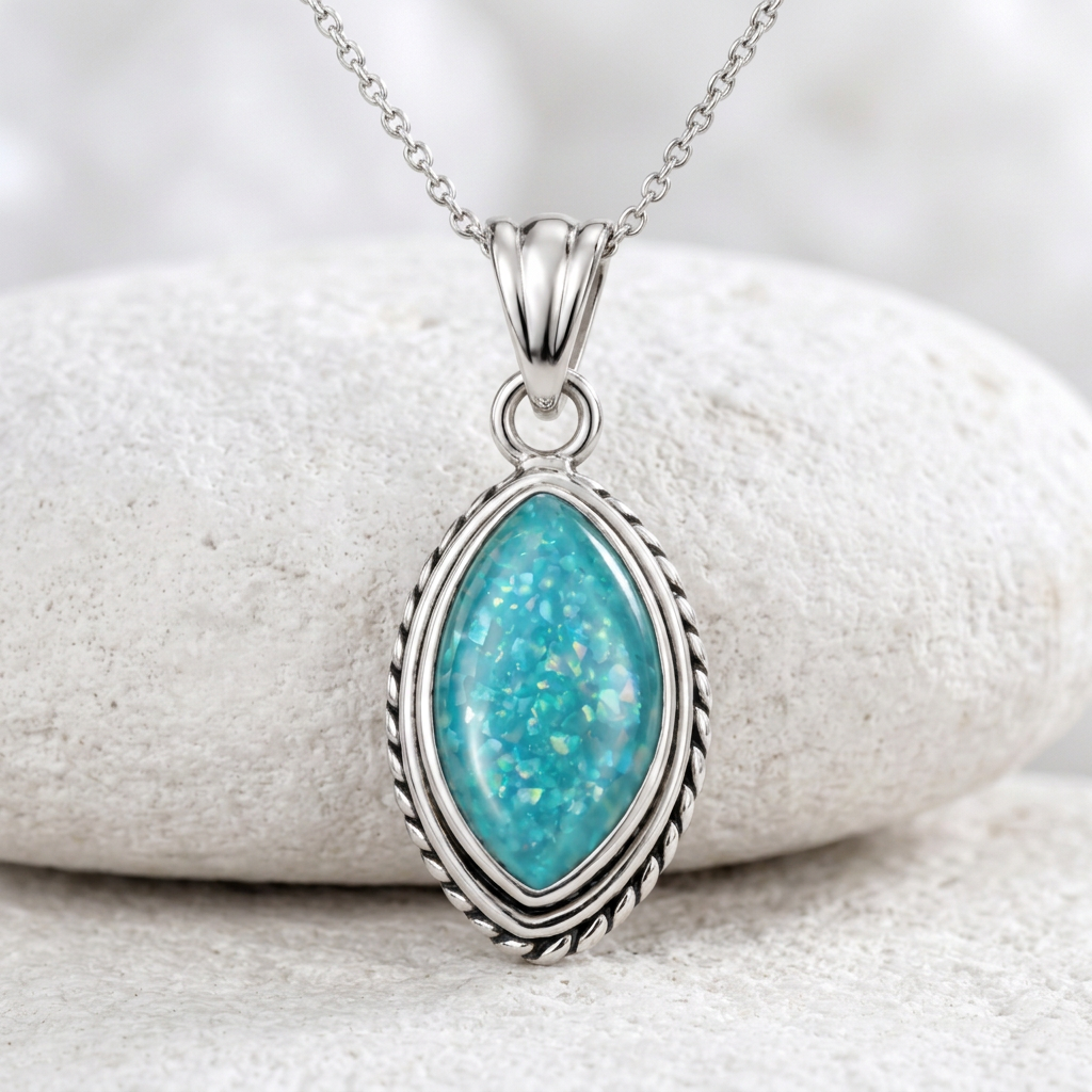 Silver Rope Marquis memorial pendant on matte white stone
