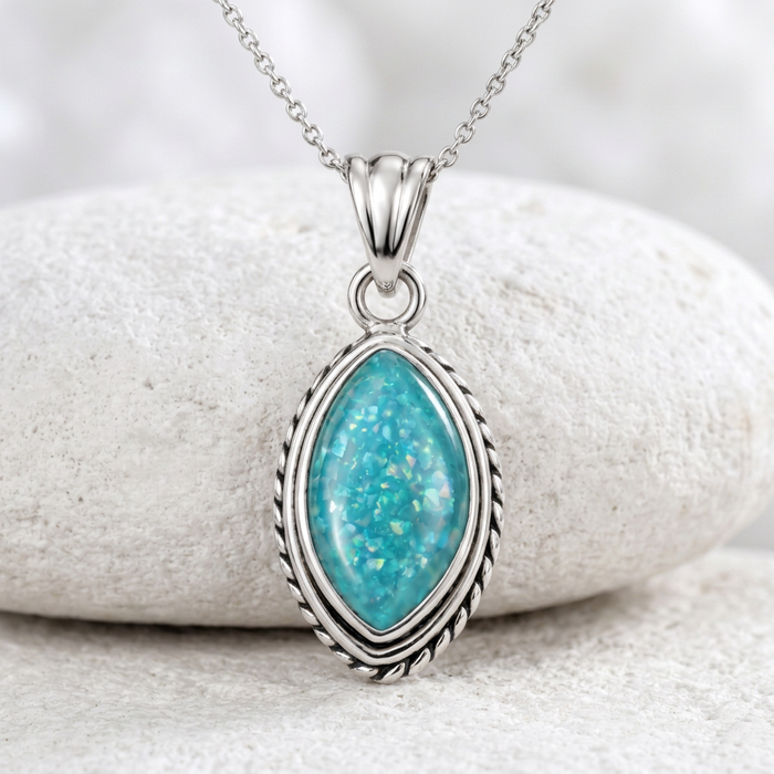 Silver Rope Marquis memorial pendant on matte white stone