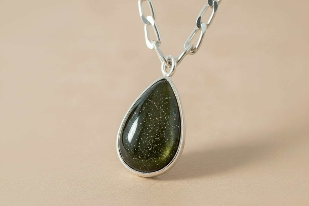Dark Olive Shimmer pendant with subtle gold flecks