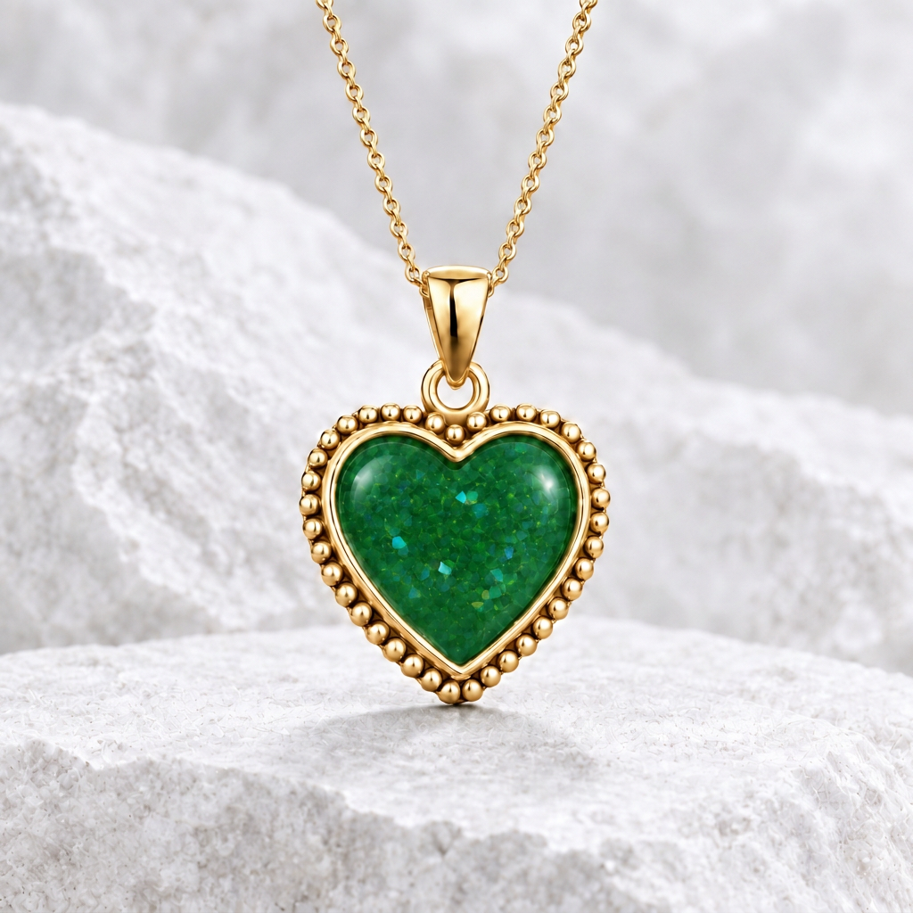 Emerald Green Beaded Heart on matte white stone