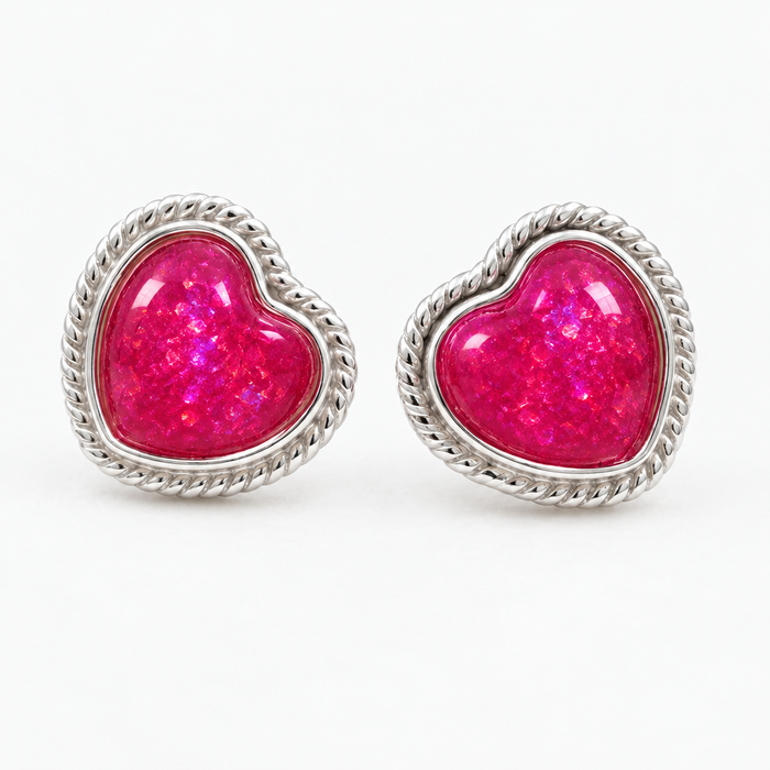 Colour preview of sterling silver heart rope stud earrings with Cerise Moon pink centres