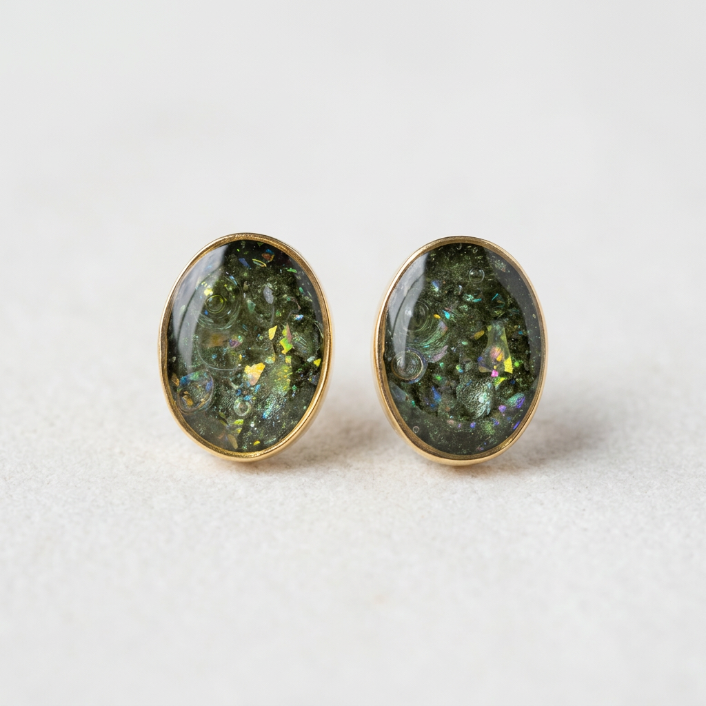 Plain oval stud earrings with Olive Grove resin and gold-plated bezels on a white background