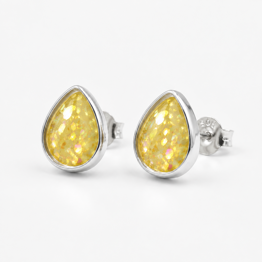 Colour preview of pear drop stud earrings with Lemon Sorbet yellow centres