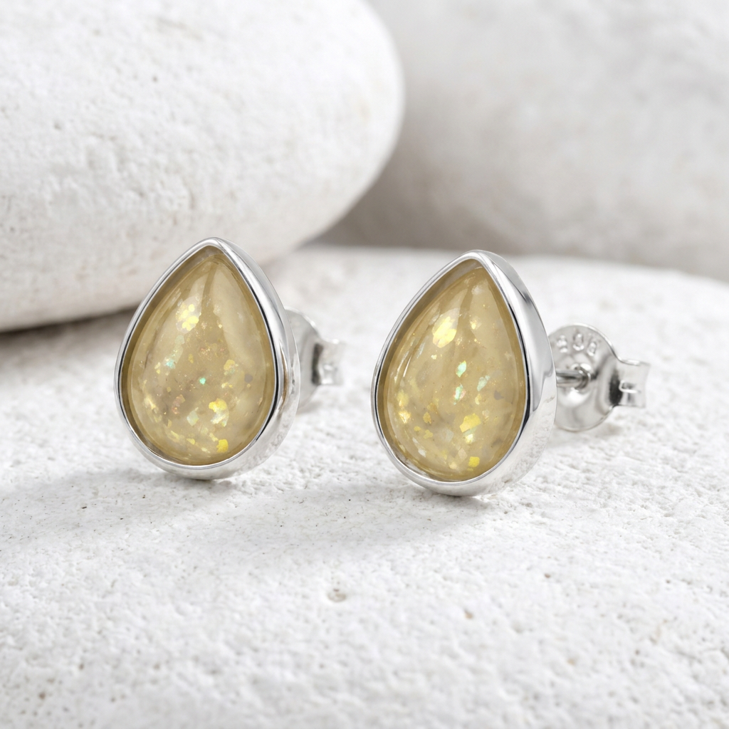 Pear Drop Stud Earrings in Lemon Sorbet memorial resin on white stone