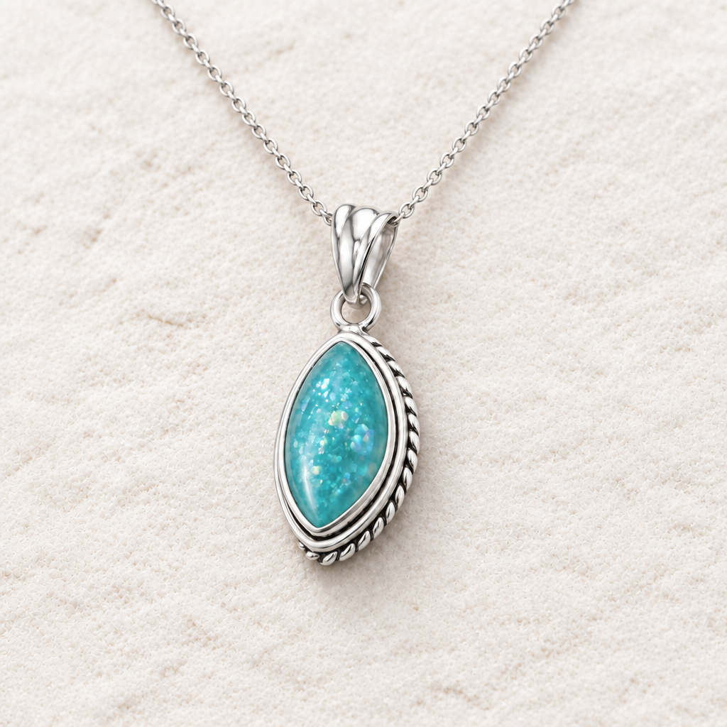 Silver Rope Marquis pendant in Ocean Calling memorial resin with opal flakes