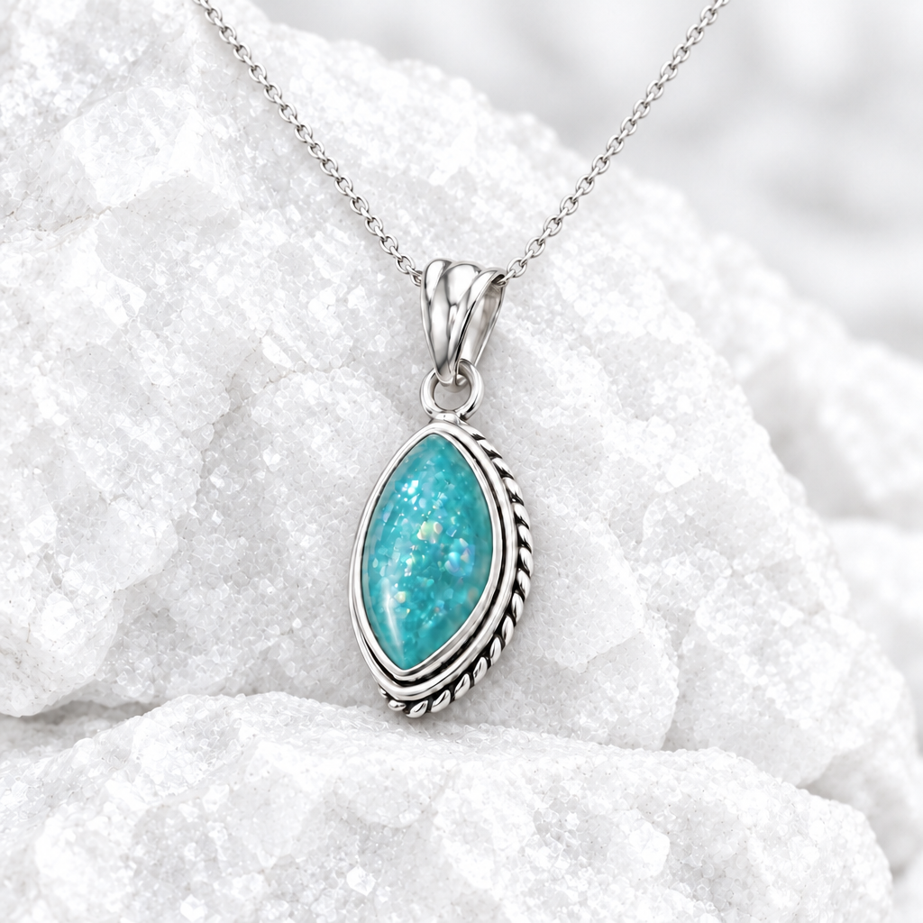 Silver Rope Marquis pendant on white rock