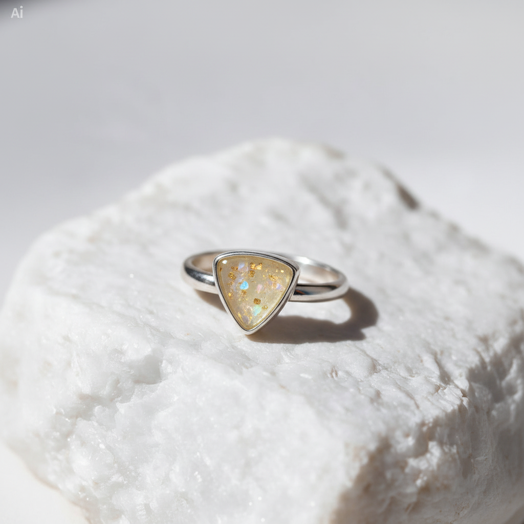 Translucent Lemon Sorbet triangle ring with visible flecks