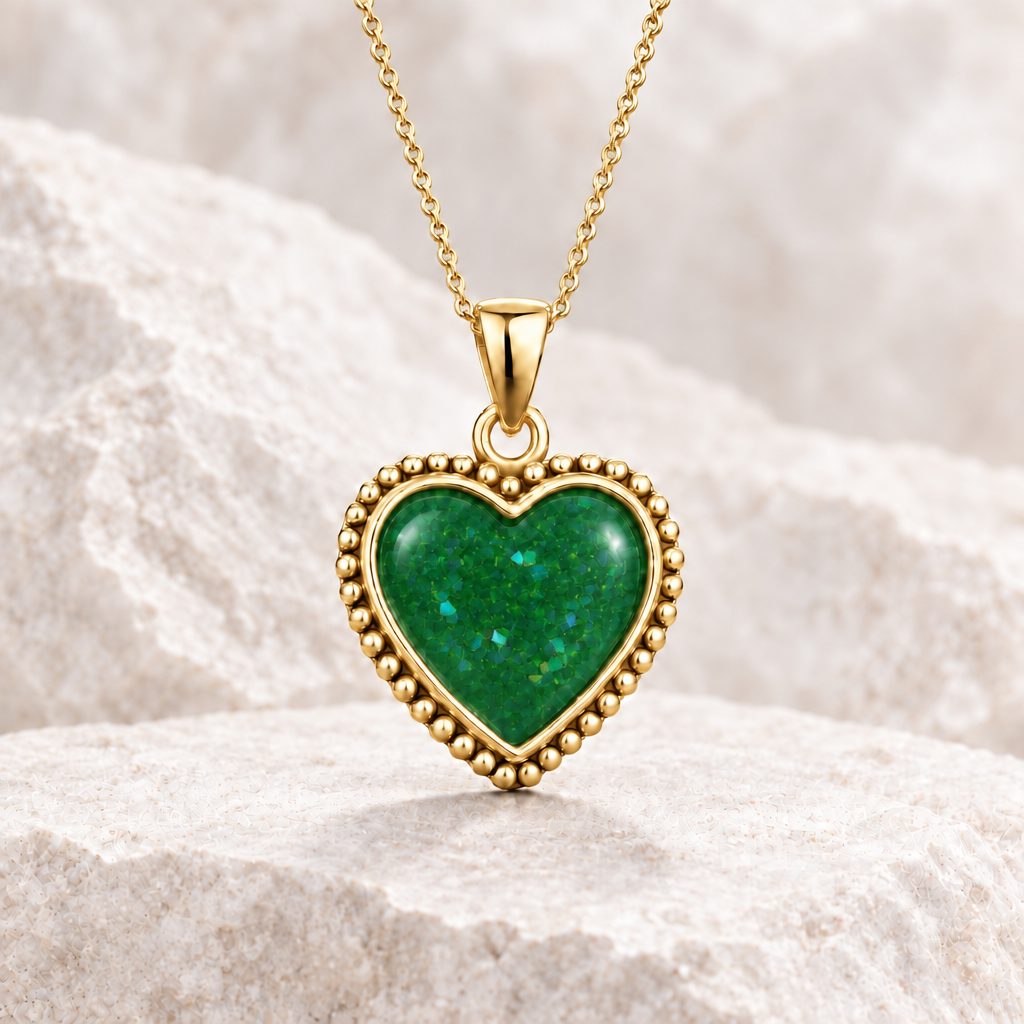 Yellow-gold heart pendant with Emerald Green resin